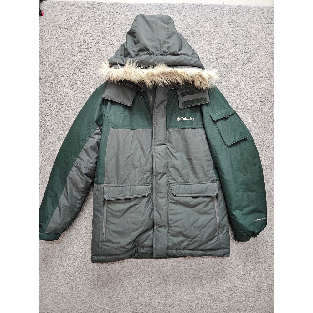 Columbia Omni-Heat Down Parka XL Green Gray Faux Fur Hood Winter Jacket YM3498